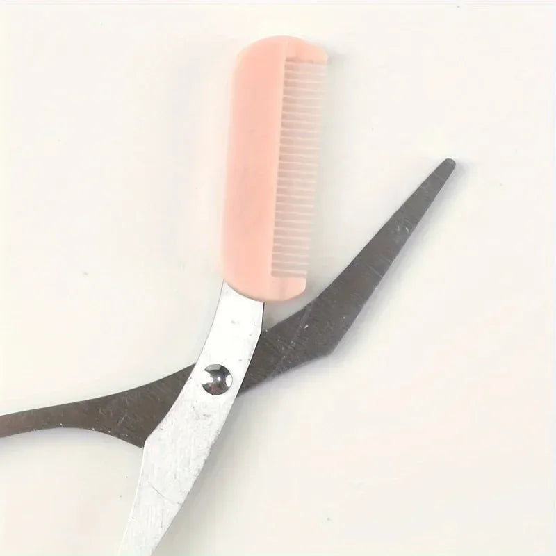 Pink Eyebrow Trimming Scissors with Built-In Comb — Stainless Steel Precision Grooming Tool