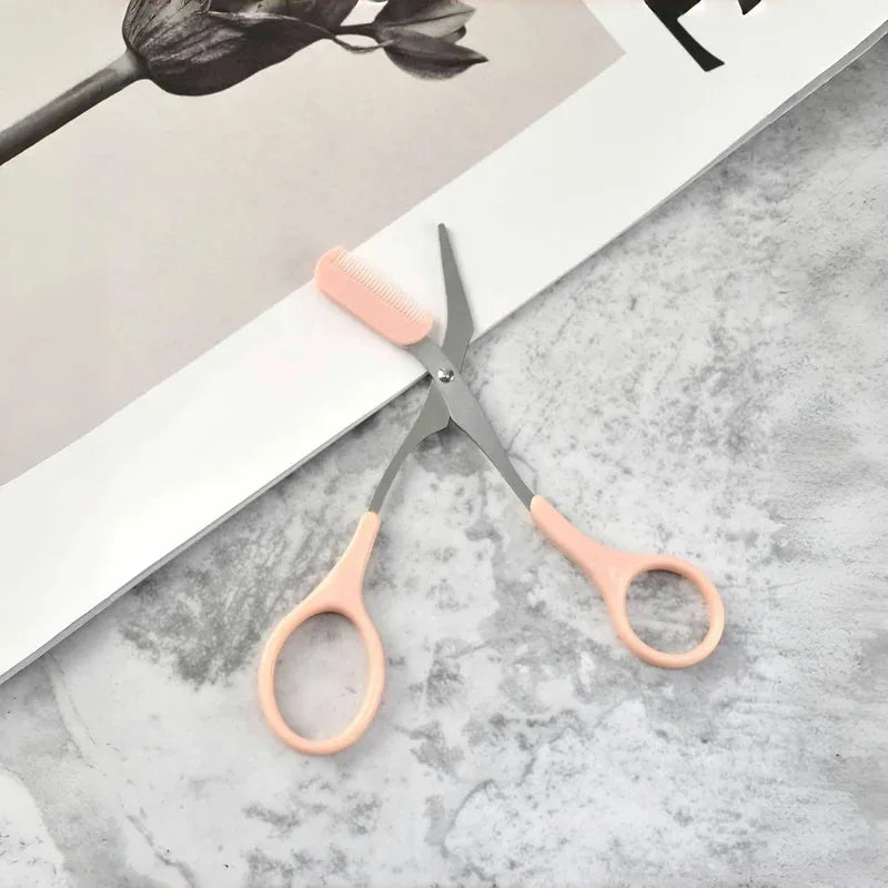 Pink Eyebrow Trimming Scissors with Built-In Comb — Stainless Steel Precision Grooming Tool
