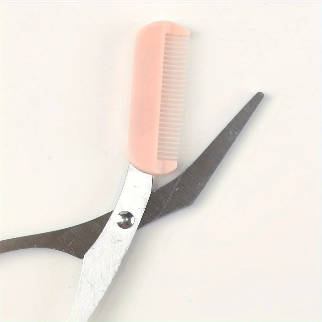 Pink Eyebrow Trimming Scissors with Built-In Comb — Stainless Steel Precision Grooming Tool