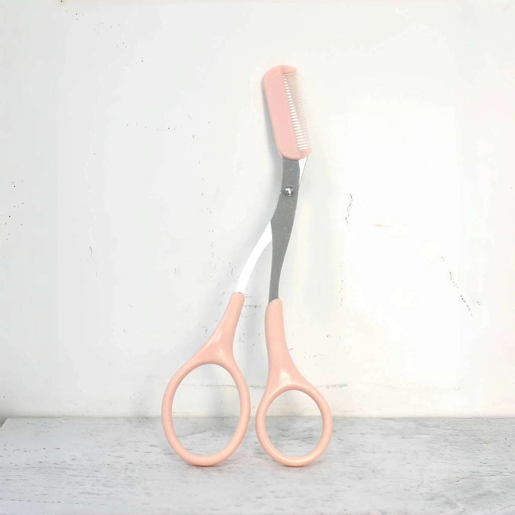 Pink Eyebrow Trimming Scissors with Built-In Comb — Stainless Steel Precision Grooming Tool