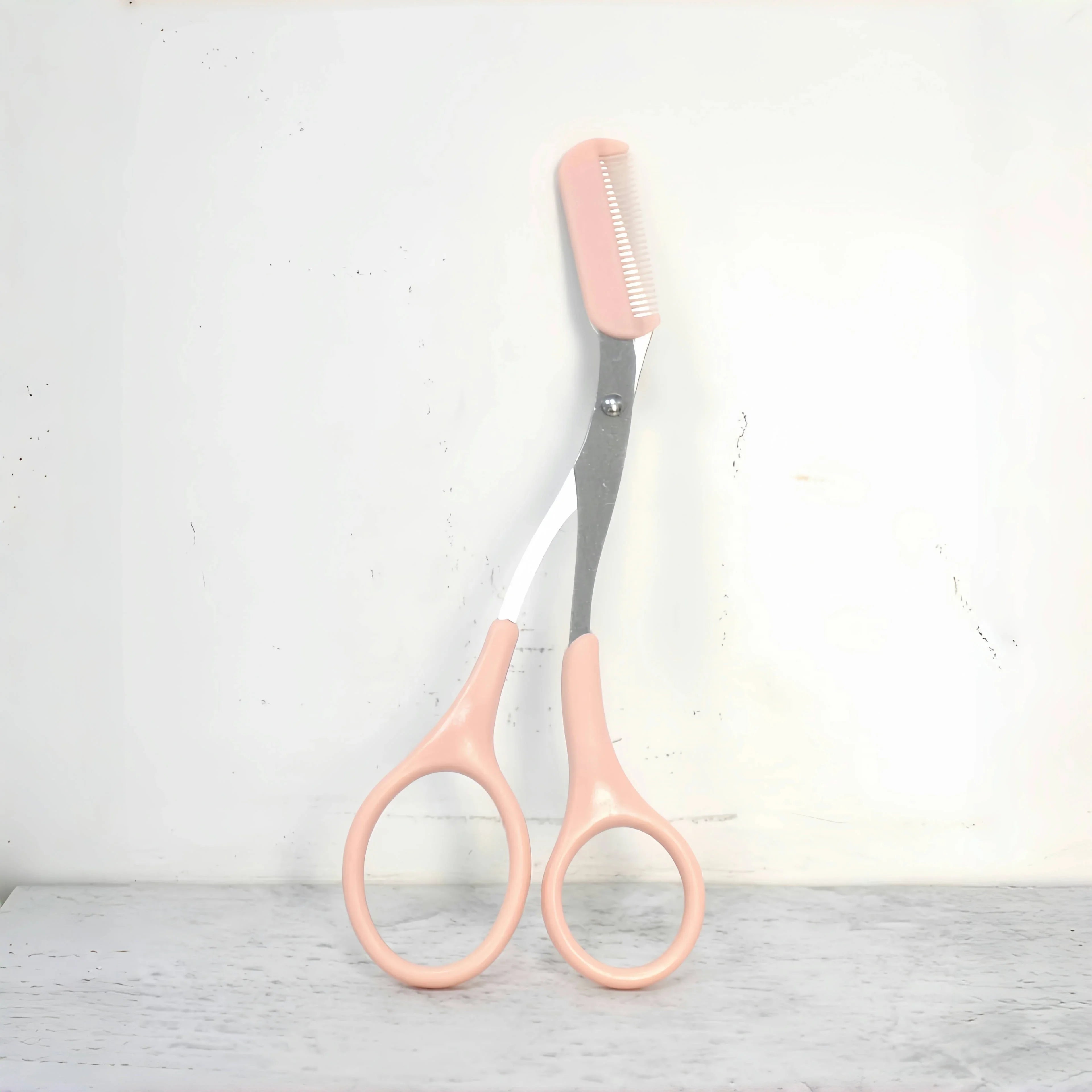 Pink Eyebrow Trimming Scissors with Built-In Comb — Stainless Steel Precision Grooming Tool
