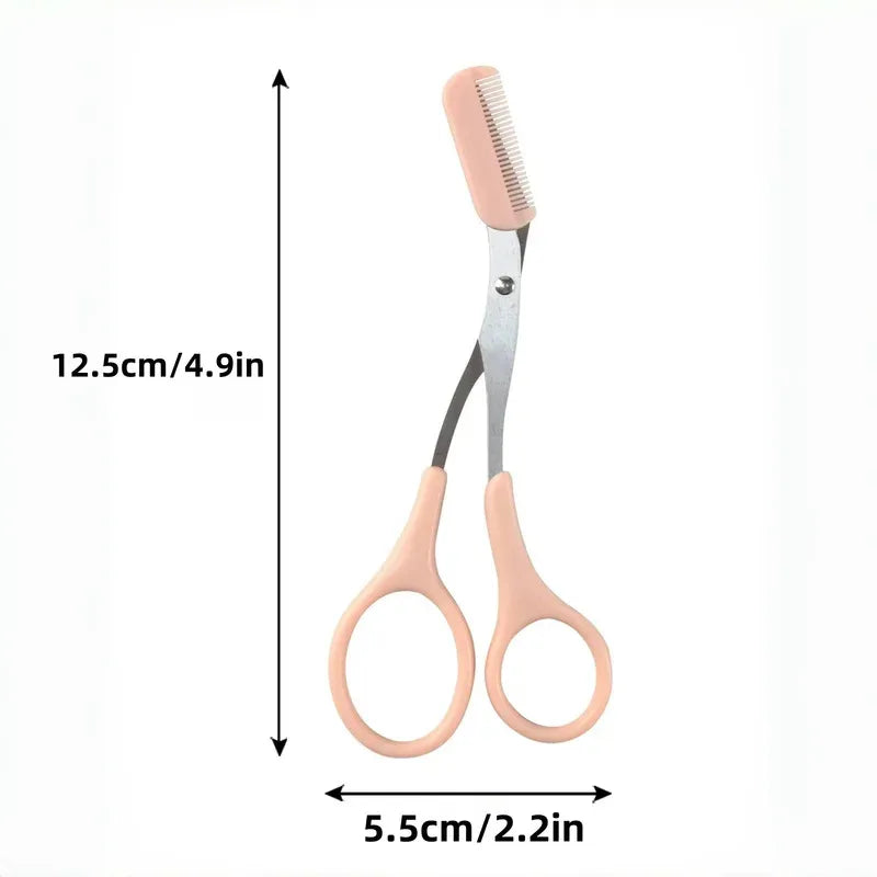 Pink Eyebrow Trimming Scissors with Built-In Comb — Stainless Steel Precision Grooming Tool