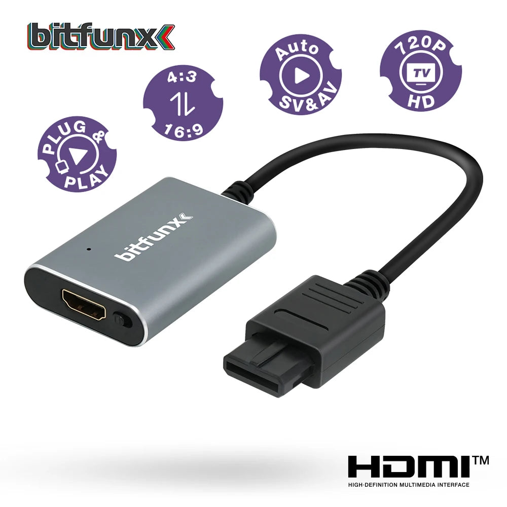 Bitfunx HDMI Adapter for N64, SNES, GameCube – 720P Plug & Play Converter
