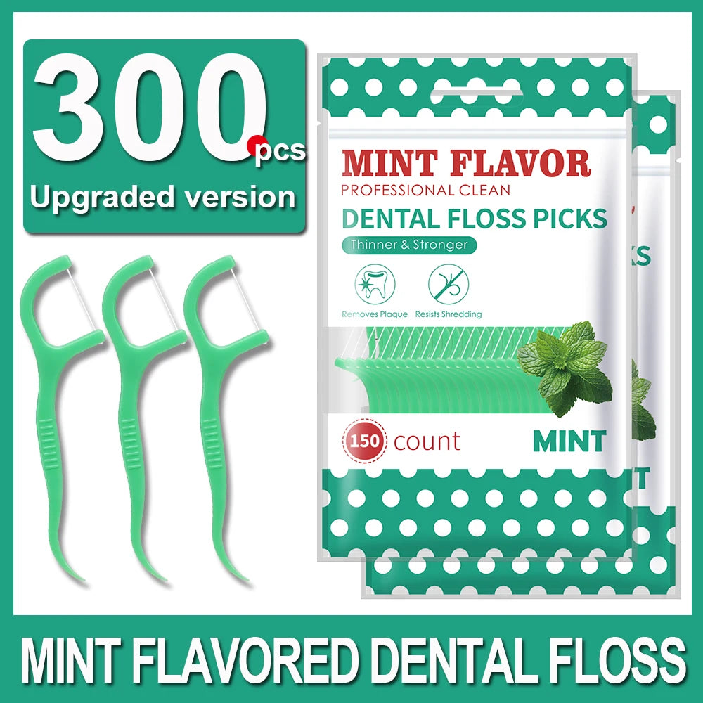 300PCS Mint Floss Sticks, Tooth Gap Brushes - Bagged Dental Hygiene Products - Essential Cleaning Tools for Home, Outdoor,Traver