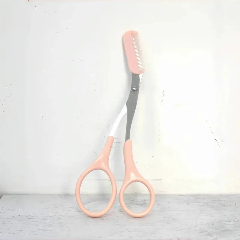 Pink Eyebrow Trimming Scissors with Built-In Comb — Stainless Steel Precision Grooming Tool