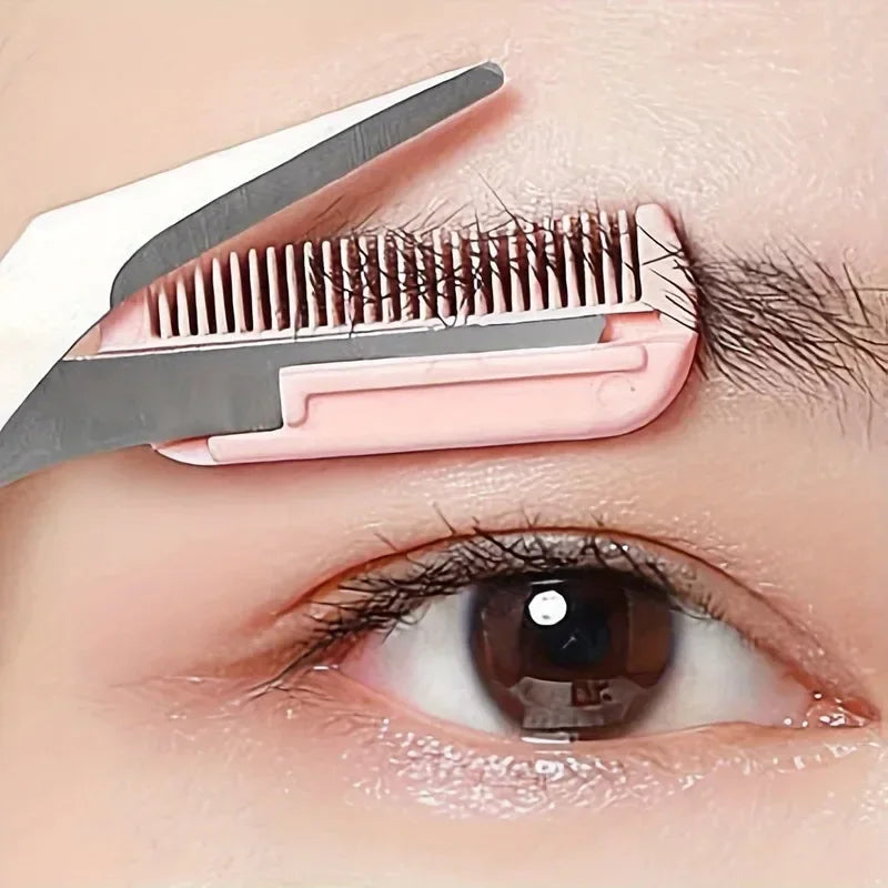 Pink Eyebrow Trimming Scissors with Built-In Comb — Stainless Steel Precision Grooming Tool