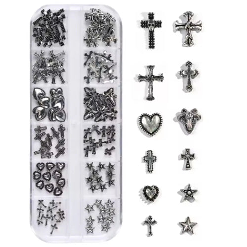 120 pcs / 1 box European American dark vintage style cross nail art patch y2k Premium Metal Style Heart Nail Metal Decorment Set